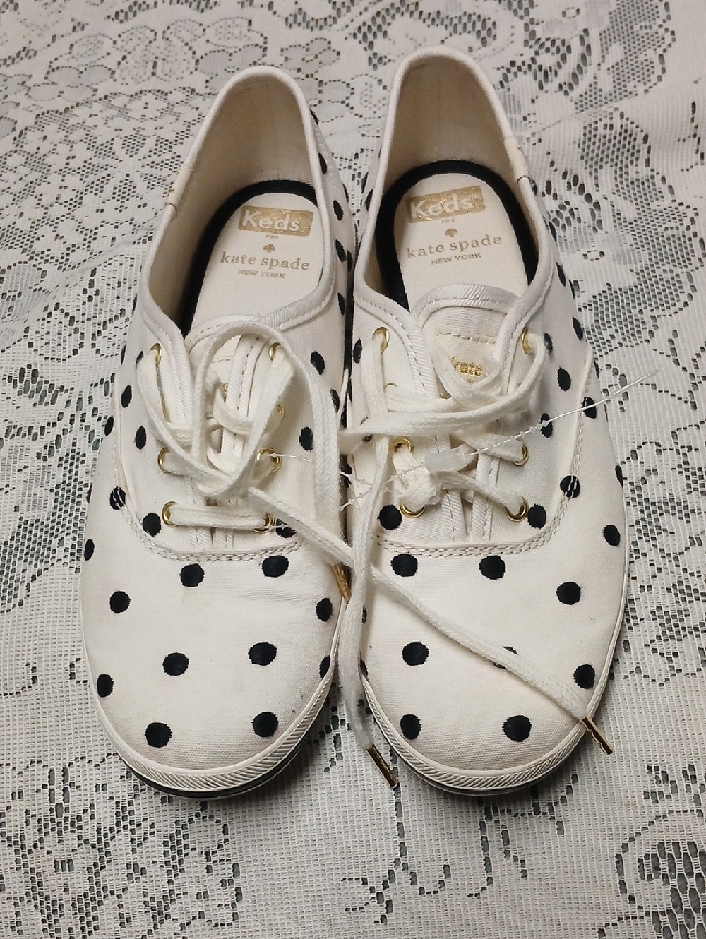 kate spade White Canvas Polka Dot Sneakers with Gold Eyelets